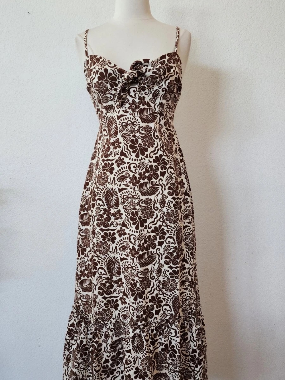 Brown & Cream Floral Maxi Dress with Spaghetti Straps